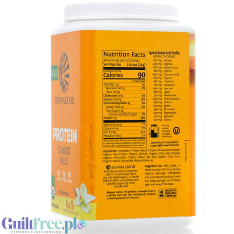Sunwarrior Protein Classic Plus, Vanilla 0,75KG - organiczna wegańska odżywka białkowa z 5 superfoods