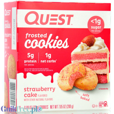 Quest Frosted Cookies, Strawberry Cake - lukrowane miękkie keto ciastka w polewie, BOX 8 SZT