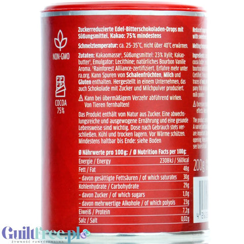 Xucker Dark Chocolate Drops 75% - krople wegańskiej ciemnej czekolady bez cukru, tylko z ksylitolem