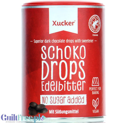 Xucker Dark Chocolate Drops 75% - krople wegańskiej ciemnej czekolady bez cukru, tylko z ksylitolem