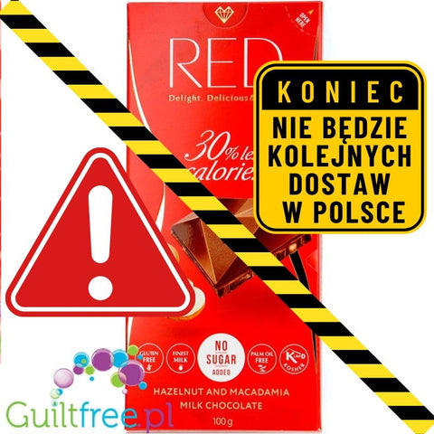RED Delight mleczna czekolada z orzechami laskowymi i macadamia bez dodatku cukru, 30% mniej kalorii