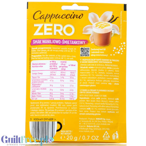 Mokate Cappuccino Zero, napój kawowy o smaku Waniliowo-Śmietankowym z błonnikiem, bez dodatku cukru