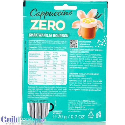 Mokate Cappuccino Zero, napój kawowy o smaku Wanilia Bourbon z błonnikiem, bez dodatku cukru