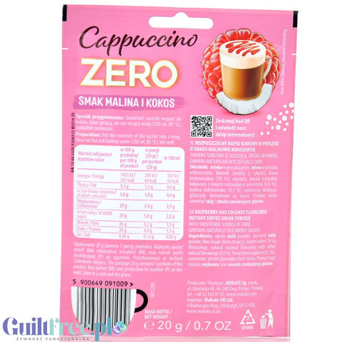 Mokate Cappuccino Zero, napój kawowy o smaku Malina & Kokos z błonnikiem i stewią, bez dodatku cukru