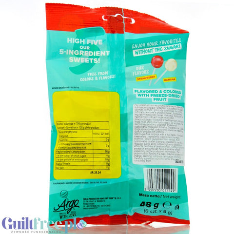 Argo Skillz Free Lollipops - vegan sugar-free lollipops, Strawberry & Banana 18kcal - pack of 6 pcs.