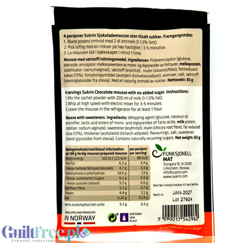 Sukrin Chocolate Mousse Hazelnut 4 x 85kcal - fluffy instant chocolate mousse without added sugar with erythrol and stevia