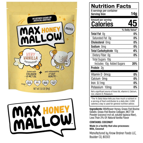Know Brainer Max Honey Mallow Very Vanilla Mini Marshmallows - honey mini protein marshmallows with kolegan and MCTs