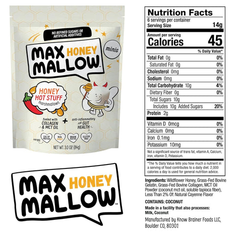 Know Brainer Max Honey Mallow Honey Hot Stuff Mini Marshmallows - spicy! Mini protein marshmallows with collagen and MCTs