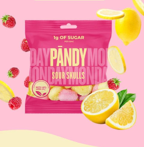 Pandy Sour Skulls - sour fiber jellies without sugar 45% less calories, raspberry and lemon