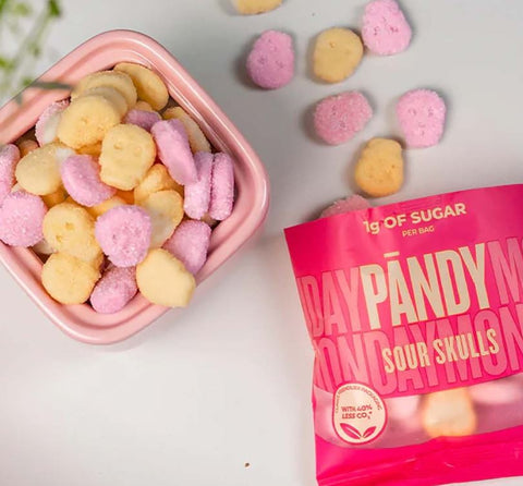 Pandy Sour Skulls - sour fiber jellies without sugar 45% less calories, raspberry and lemon