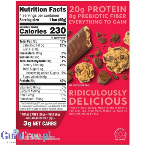 Atkins Strong Chocolate Chip Cookie Dough - baton proteinowy20g białka, bez maltitolu