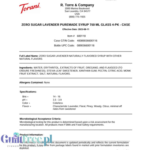Torani Puremade Zero Lavender - syrop lawendowy bez cukru i kalorii, tylko z naturalnymi słodzikami