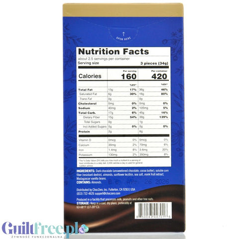 Choc Zero Keto Bark, Dark Chocolate Sea Salt & Almonds - vegan keto dark chocolate without sugar and maltitol
