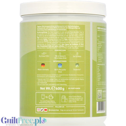 Rocka Nutrition Protein Matcha Latte 600g - wegańska odżywka proteinowa 65mg kofeiny, z matcha i zieloną herbatą