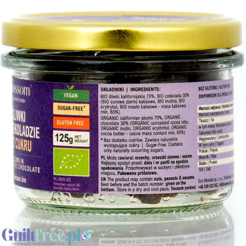 Biossom Śliwki w wegańskie organicznej czekoladzie bez cukru z erytrytolem 125g