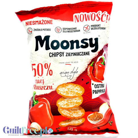 Moonsy Chipsy Ziemniaczane Ostra Papryka Asian Style - 50% mniej tłuszczu, niesmażone