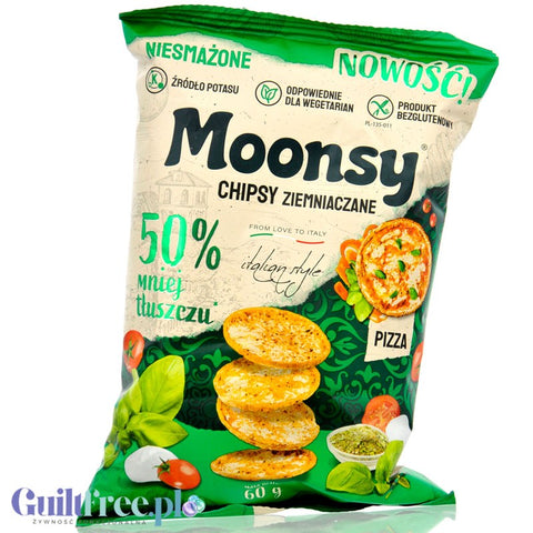 Moonsy Chipsy Ziemniaczane Pizza Italian Style - 50% mniej tłuszczu, niesmażone