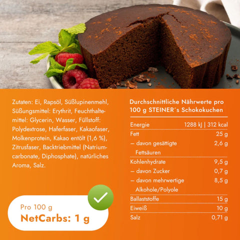 STEINER's Low Carb Schokokuchen - niskowęglowodanowe gotowe do zjedzenia ciasto czekoladowe bez cukru