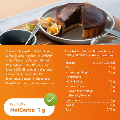 STEINER's Low Carb Marmorkuchen - niskowęglowodanowe gotowe do zjedzenia ciasto marmurkowe bez cukru