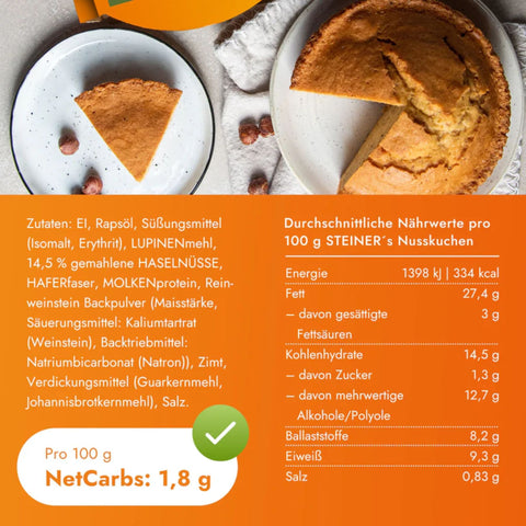 STEINER's Low Carb Nusskuchen - low-carbohydrate ready-to-eat sugar-free nut cake