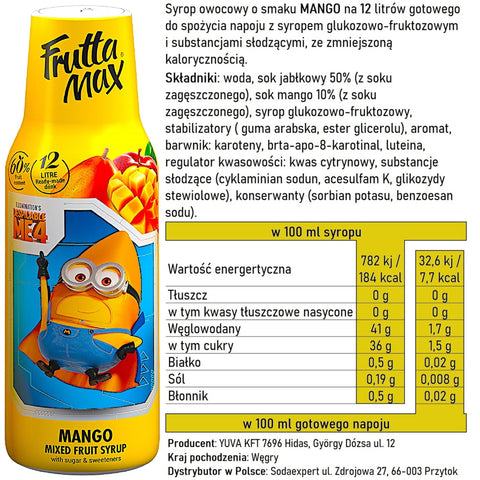 FruttaMax Light Fruit Syrup Mango 500ml / 12L - syrop owocowy do Sodastream obniżona zawartość cukru
