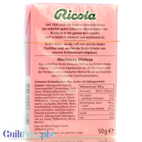 Ricola Himbeere Melisse 50g - herbal candy without sugar in a box, Raspberry with Melissa