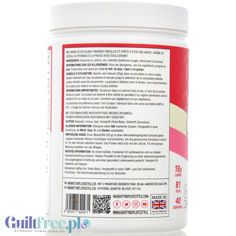 Naughty Boy Cream Of Rice Strawberry Cheesecake 1kg - sugar-free rice gruel, recovery workout meal
