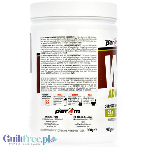 Per4M Whey Advanced Protein Dubai Chocolate 0,9kg - gęsta odżywka białkowa WPC, WPI & MPC o smaku Dubajaskiej Czekolada