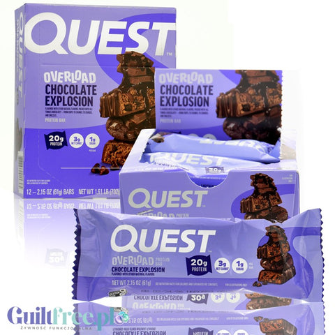Quest Overload Chocolate Explosion BOX 12 szt - baton proteinowy bez cukru i maltitolu, smak Brownie & Czekolada