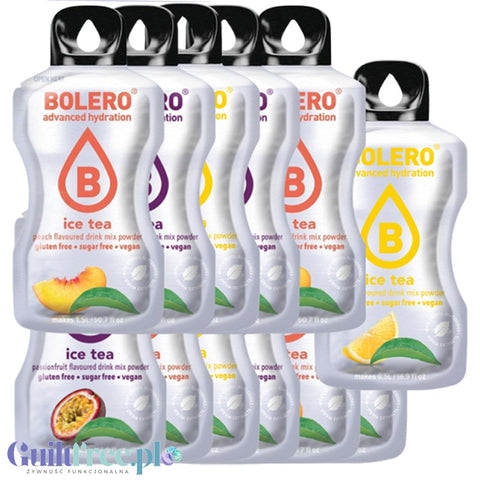 Bolero Ice Tea Drink Mix 12 sachets of 8g each, 3 different flavors Iced Tea (Lemon, Peach, Passion Fruit)