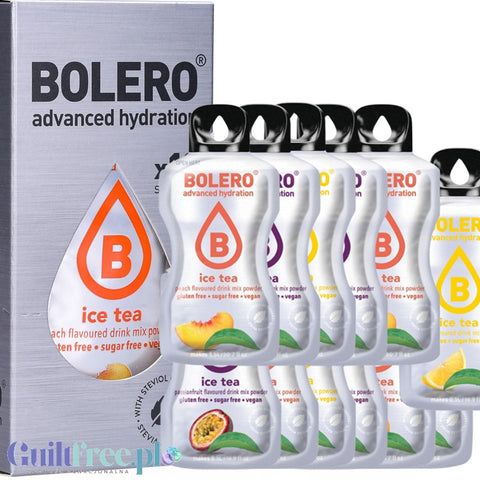 Bolero Ice Tea Drink Mix 12 sachets of 8g each, 3 different flavors Iced Tea (Lemon, Peach, Passion Fruit)