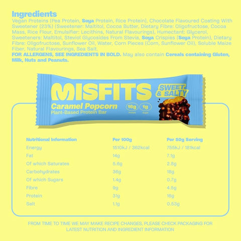 Misfits Protein Bar Caramel Popcorn - wegański baton białkowy, smak popcornu w solonym karmelu