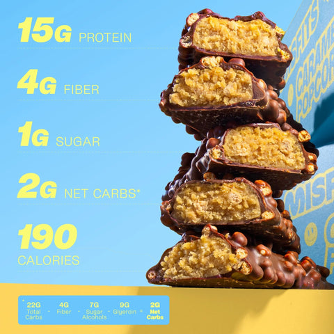 Misfits Protein Bar Caramel Popcorn - wegański baton białkowy, smak popcornu w solonym karmelu