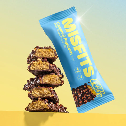 Misfits Protein Bar Caramel Popcorn - wegański baton białkowy, smak popcornu w solonym karmelu