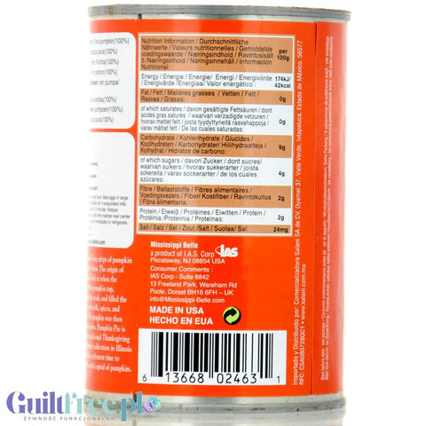 Mississippi Belle Pure Pumpkin 100%, 42kcal per 100g pure pumpkin puree without sugar or salt