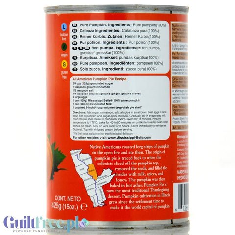 Mississippi Belle Pure Pumpkin 100%, 42kcal w 100g czyste puree z dyni bez cukru i soli