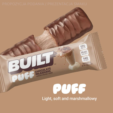 Built Bar Protein Puffs Chocolate Milkshake - protein marshmallow bar in chocolate 17g protein & 140kcal