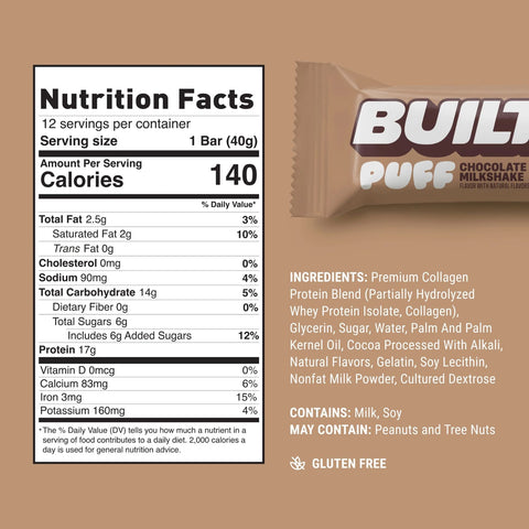 Built Bar Protein Puffs Chocolate Milkshake - protein marshmallow bar in chocolate 17g protein & 140kcal