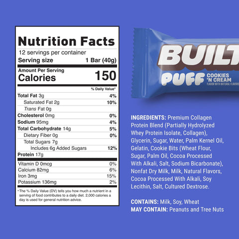 Built Bar Protein Puffs Cookies 'N Cream - protein marshmallow bar in chocolate 17g protein & 150kcal