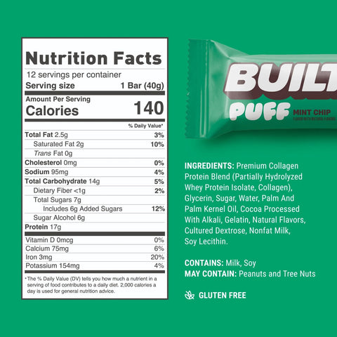 Built Bar Protein Puffs Mint Chip - marshmallow protein bar in chocolate 17g protein & 140kcal