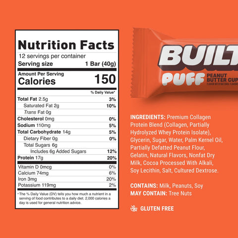 Built Bar Protein Puffs Peanut Butter Cup - protein marshmallow bar in chocolate 17g protein & 140kcal