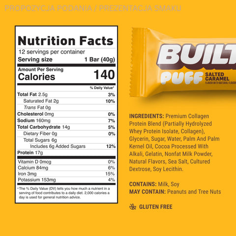 Built Bar Protein Puffs Salted Caramel - marshmallow protein bar in chocolate 17g protein & 140kcal