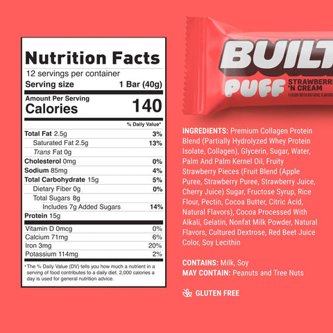 Built Bar Protein Puffs Strawberries 'N Cream - protein marshmallow bar in chocolate 17g protein & 140kcal