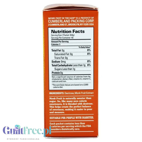 Monk Fruit in the Raw 40 sachets - natural keto sweetener zero kcal, sugar substitute 1:1