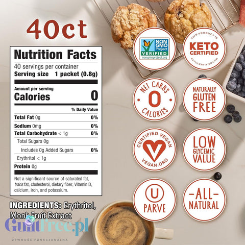 Monk Fruit in the Raw 40 sachets - natural keto sweetener zero kcal, sugar substitute 1:1