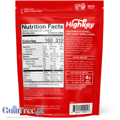 HighKey Snacks Almond Crackers Everything Spice - keto almond crackers without gluten 14g protein & 4g carbs