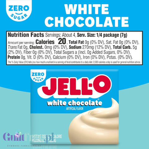 JellO White Chocolate Pudding Zero Sugar - Zero sugar & fat instant pudding, White Chocolate flavor.