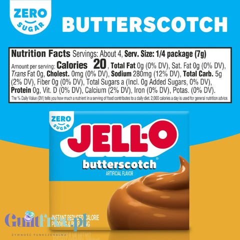JellO Buttercotch Pudding Zero Sugar - Zero sugar & fat instant pudding, Biscuit Cookie flavor.