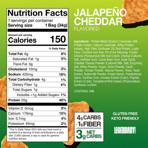Legendary Popped Protein Chips, Jalapeno Cheddar - pikantne chipsy proteinowe 20g białka, smak Ser & Papryczka