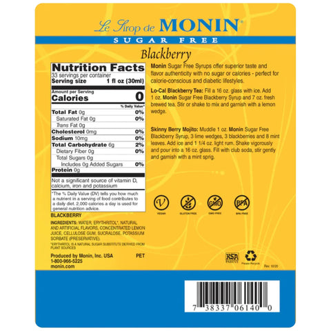 Monin Sugar Free Blackberry Syrup, 1L USA - syrop bez cukru i kalorii do kawy, smak jeżynowy